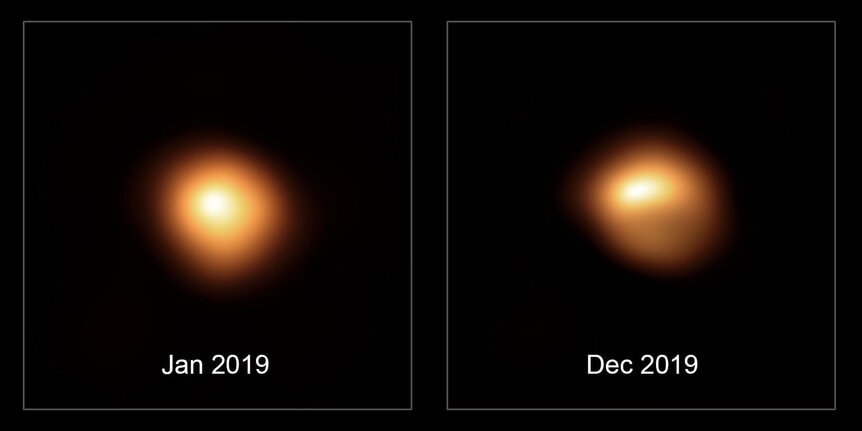A before-and-after set of images of Betelgeuse show how it’s changed from January 2019 (left) to December 2019 (right). Credit: ESO/M. Montargès et al.