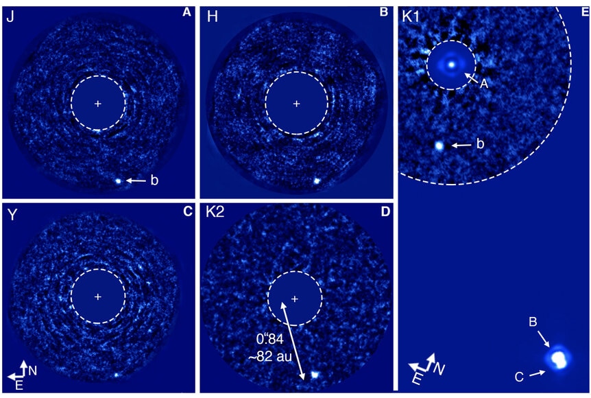 Actual, direct images of the exoplanet HD 131399Ab using the Very Large Telescope in Chile. Credit: Wagner et al.