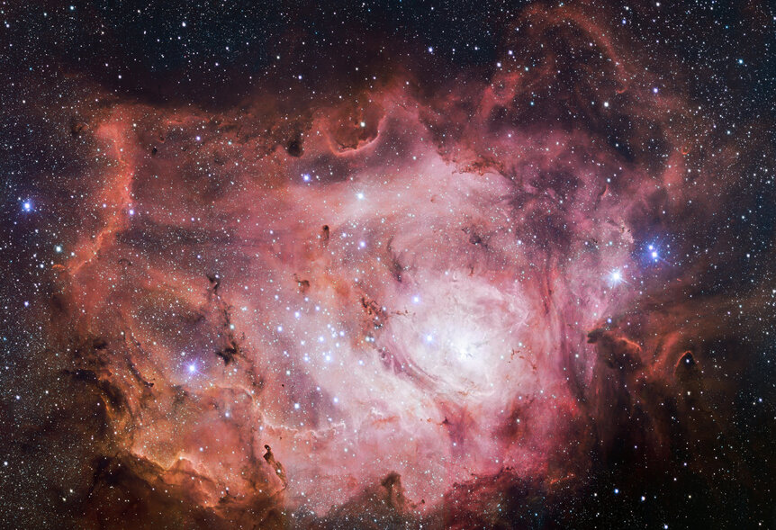 The Very Large Telescope Survey Telescope took this wide-angle shot of the Lagoon Nebula, showing it in all its glory. Credit: ESO/VPHAS+ team