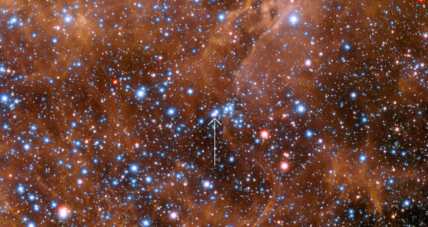 vst_tarantulaThe site of the exploding star Supernova 1987A (arrowed), barely resolved as a blurry spot amongst the stars and gas of the Tarantula Nebula. Credit: ESO_sn87a