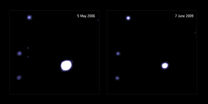 Two X-ray observations of the tidal disruption event taken by XMM-Newton show it dimming between 2006 (left) and 2009 (right). Credit: ESA/XMM-Newton; D. Lin et al (University of New Hampshire, USA). Acknowledgement: NASA/CXC