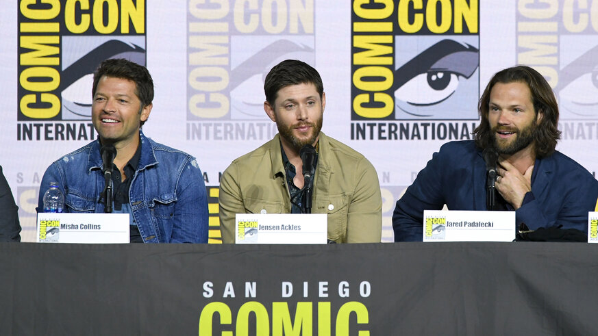 Supernatural's Misha Collins Jensen Ackles Jared Padalecki at SDCC 2019 via Getty Images