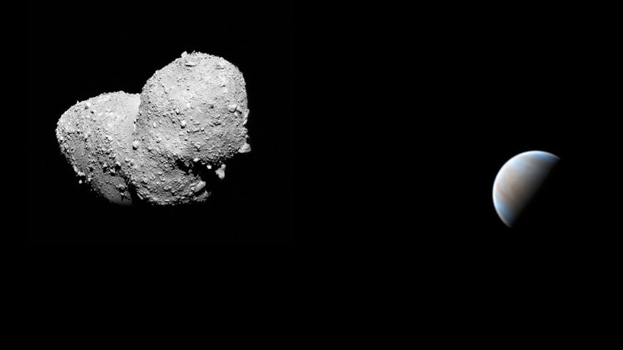 A fanciful depiction of the near-Venus asteroid 2019 AQ3, with the asteroid Itokawa standing in for AQ3. Credits: Itokawa: JAXA; Venus: Damian Peach; Mosaic: Phil Plait