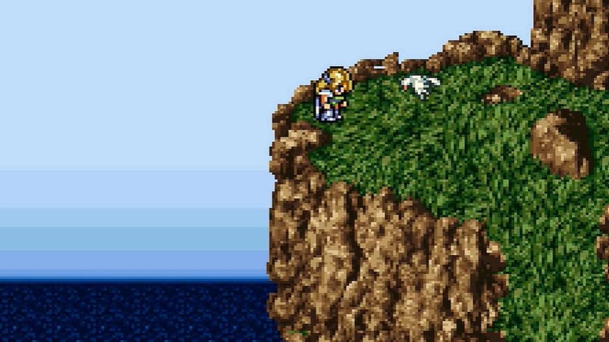 Celes from Final Fantasy VI stands alone on a cliff