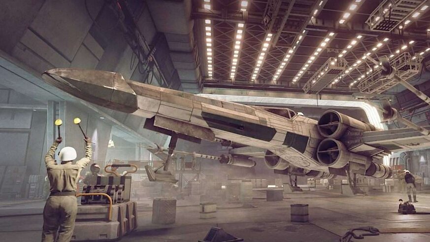 An X Wing in the hangar in Star Wars Squadrons video game