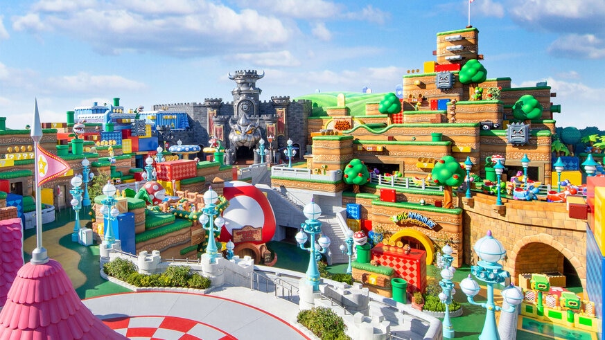 Cartoon-like Super Nintendo World theme park land 