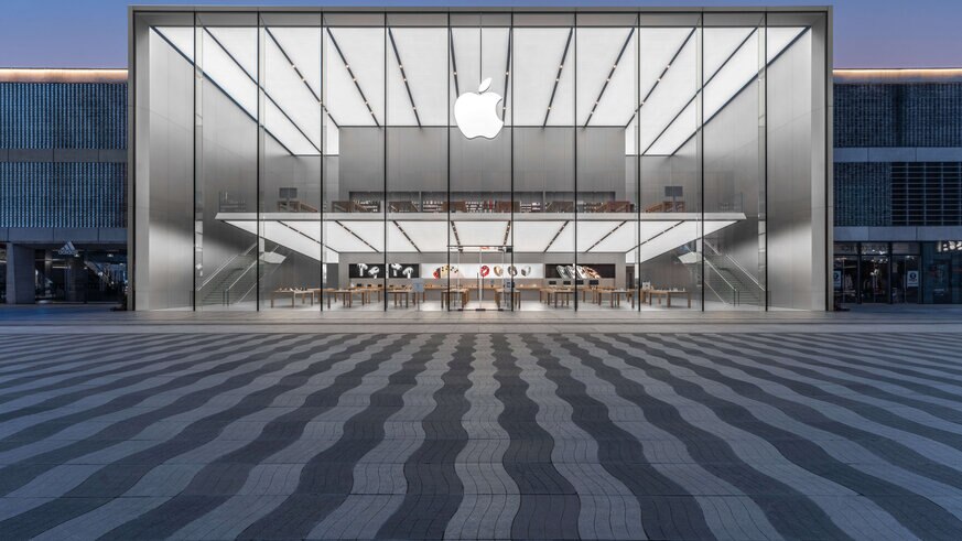 The Apple logo displayed on the facade of an Apple Store