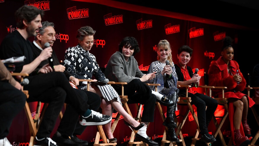 Jason Reitman, Ivan Reitman, Carrie Coon and Finn Wolfhard during the Ghostbusters_ Afterlife Cast & Filmmakers Panel (Photo by Craig Barritt_Getty Images for ReedPop )