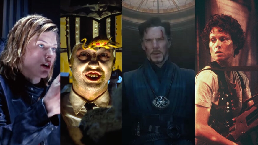 (L-R) Resident Evil (2002), Beetlejuice (1988), Doctor Strange (2016), and Aliens (1986).