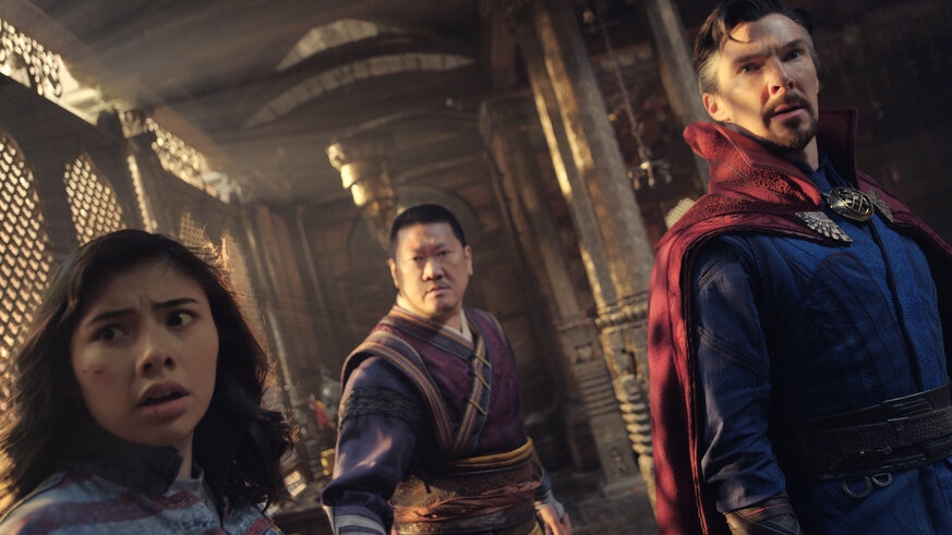 (L-R): Xochitl Gomez as America Chavez, Benedict Wong as Wong, and Benedict Cumberbatch as Dr. Stephen Strange