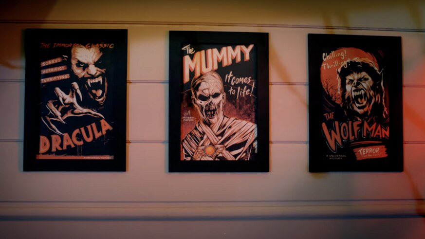 Posters of the movies Dracula, The Mummy, and The Wolf Man