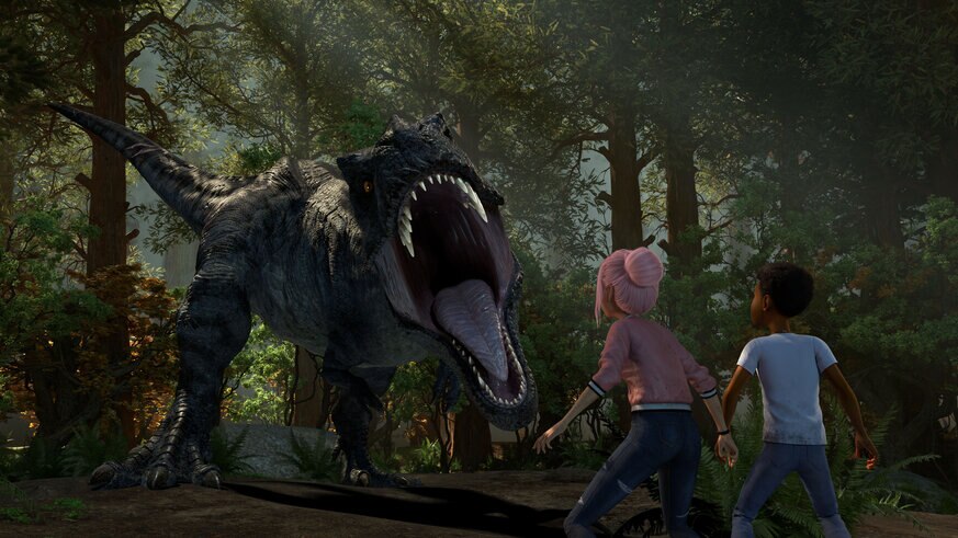T Rex, Brooklynn and Darius in Jurassic World: Camp Cretaceous