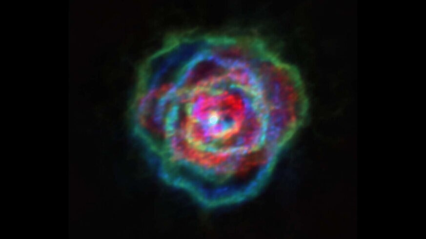 ALMA observation of the gas around the dying star R Aquilae showing complex spirals and arcs. Credit: ALMA (ESO/NAOJ/NRAO), Decin et al.