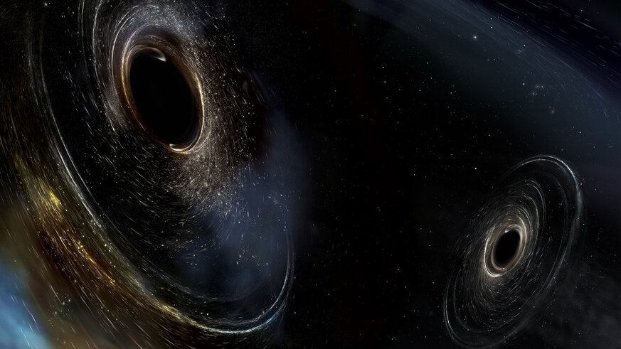 Artwork depicting two black holes orbiting each other. Credit: LIGO/Caltech/MIT/Sonoma State (Aurore Simonnet)