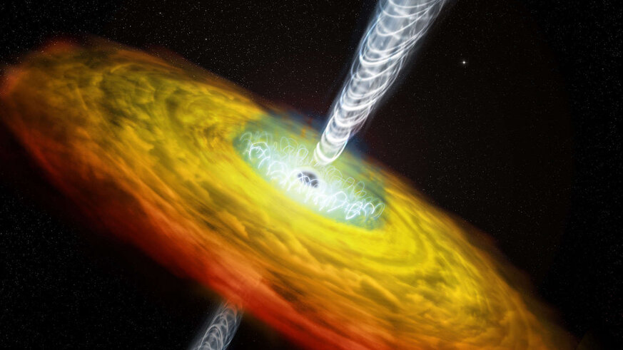 Artwork depicting a supermassive black hole surrounded by an accretion disk and magnetic corona, with powerful jets launching away in opposite directions. Credit: NASA/CXC/M. Weiss