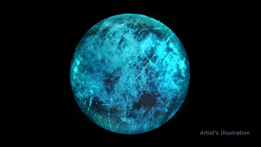 The dark side of Europa may glow a lovely shade of teal, as shown in this artwork, due to radiation bombarding salty ice on its surface. Credit: NASA/JPL-Caltech