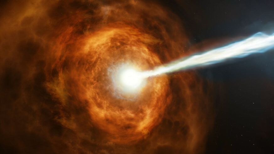 Artwork depicting a gamma-ray burst with a beam of material racing away. Credit: NASA, ESA, and M. Kornmesser