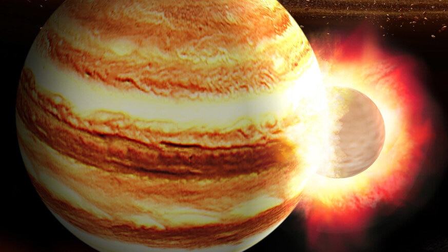 Artwork showing a massive planet impacting the protoJupiter while the solar system was still forming. Credit: K. Suda & Y. Akimoto/Mabuchi Design Office, courtesy of Astrobiology Center, Japan