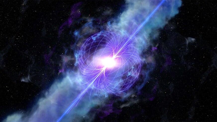 Artwork showing the birth of a magnetar, a neutron star with a fiercely strong magnetic field, with the field lines depicted. If it forms from two neutron stars merging, twin beams of material get blasted away as well. Credit: NASA, ESA, and D. Player