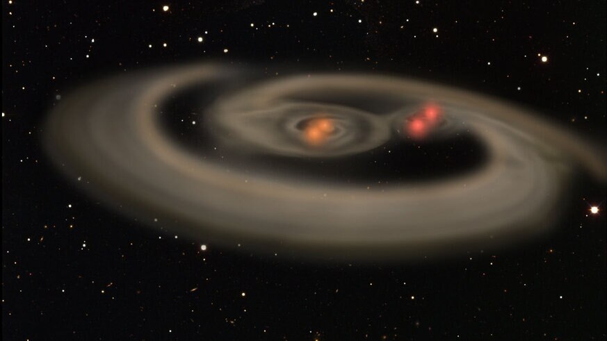 Artwork depicting the birth of a quadruple star system similar to CzeV1640, with two binary systems in turn orbiting each other. Credit: Institute of Astronomy / University of Hawaii