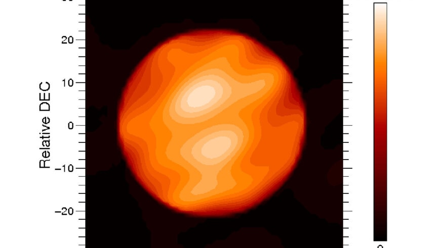 An image of the star Betelgeuse taken in the infrared with the Infrared Optical Telescope Array reveals two huge hot spots on the surface. Credit: Haubois et al.