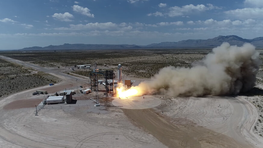 The moment of launch for the eighth flight of the New Shepard rocket on April 29th, 2018. Credit: Blue Origin