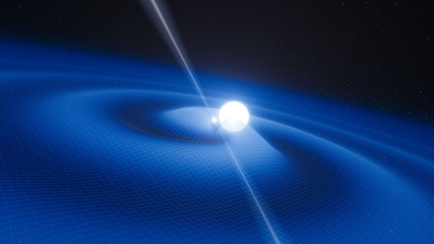 Artwork of a pulsar emitting beams of energy as it orbits a white dwarf; the warping of spacetime is depicted as the change in an imaginary grid around them. The pulsar is not to scale; the white dwarf is hundreds of times larger. ESO/L. Calçada