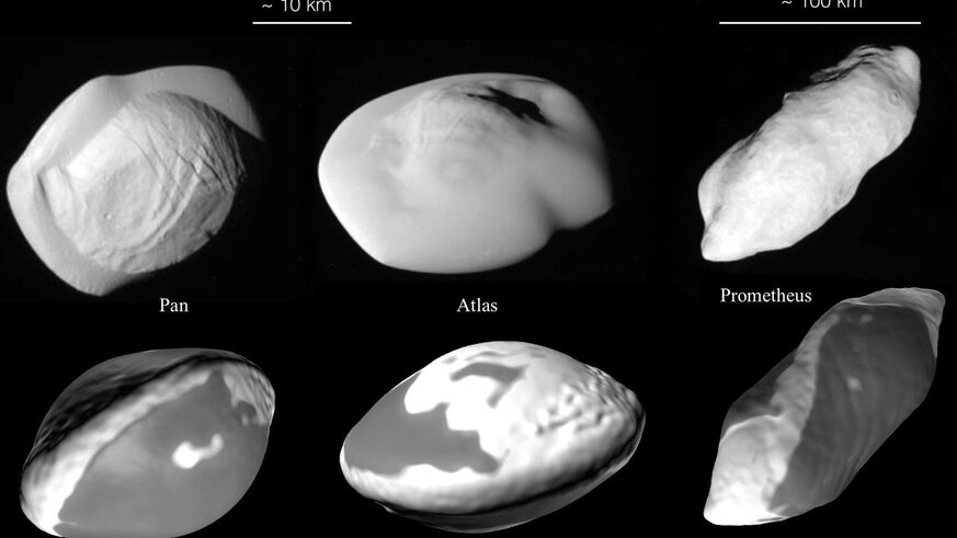 Saturn’s ravioli and spaetzle moons Atlas, Pan, and Prometheus (top row) and models of their shapes based on collisions (bottom). Credit: NASA/JPL-Caltech/Space Science Institute/University of Bern