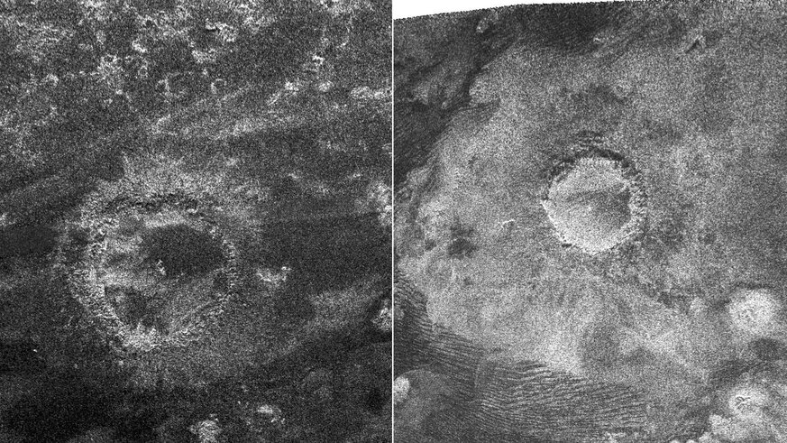 A pair of craters on Saturn’s moon Titan mapped by Cassini’s radar. Credit: NASA/JPL-Caltech/ASI