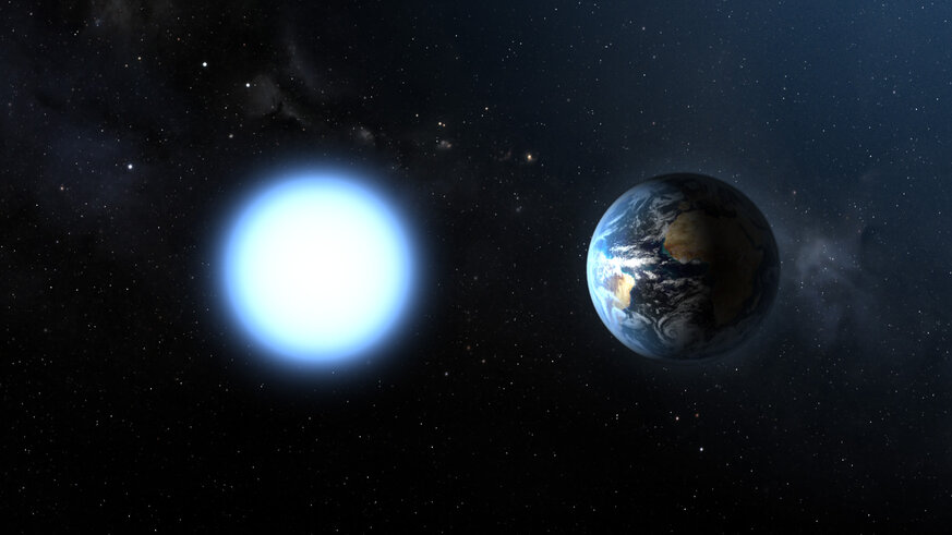 The nearest white dwarf to us, Sirius B, has the mass of the Sun but the size of the Earth. For comparison, the Sun is over 100 times wider than Earth. Credit: ESA and NASA