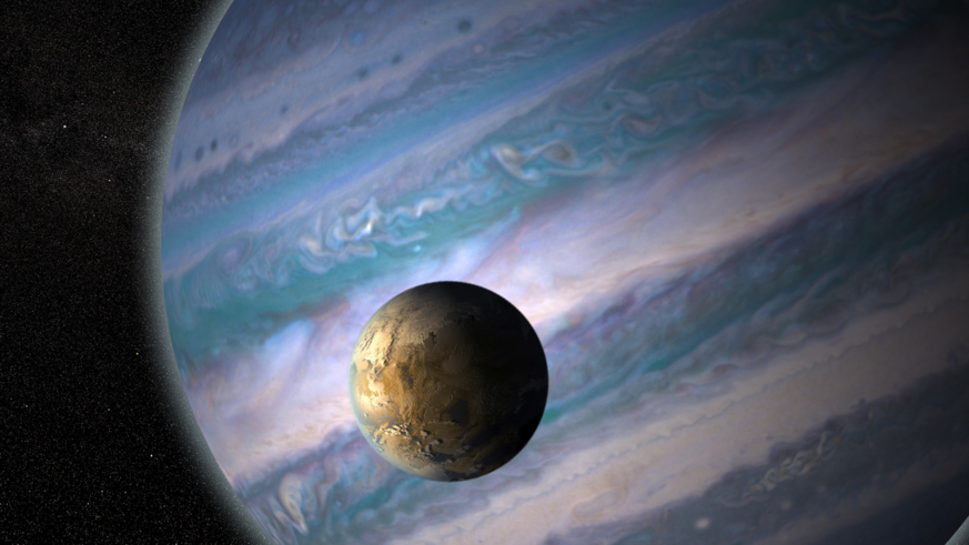 Artwork depicting a habitable exomoon orbiting a gas giant around another star. Credit: NASA / GSFC / Jay Friedlander and Britt Griswold