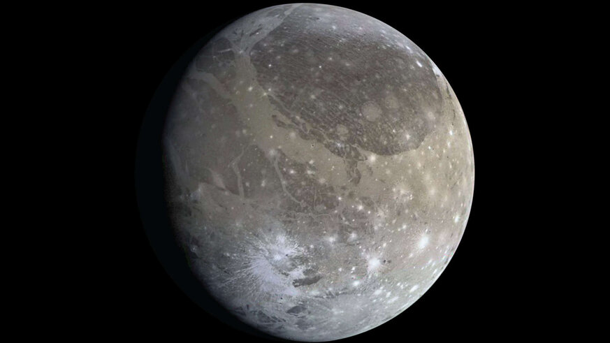 Jupiter’s moon Ganymede, showing the dark and light terrains; the furrows can be seen to the upper right in the dark terrain. Credit: NASA / JPL-Caltech / Emily Lakdawalla