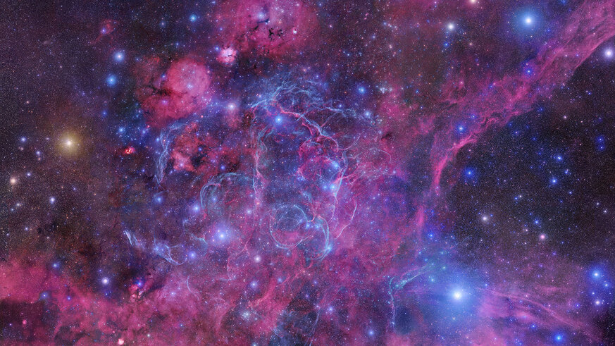 The Vela supernova remnant is the shredded remains of a star that blew up 11,000 years ago, seen against a backdrop of gas clouds in the Milky Way. Credit: Robert Gendler and Roberto Colombari / DSS