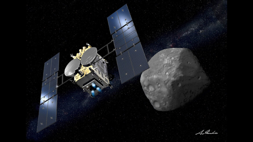 Artwork of the Hayabusa 2 spacecraft as it approaches the asteroid Ryugu. Credit: JAXA
