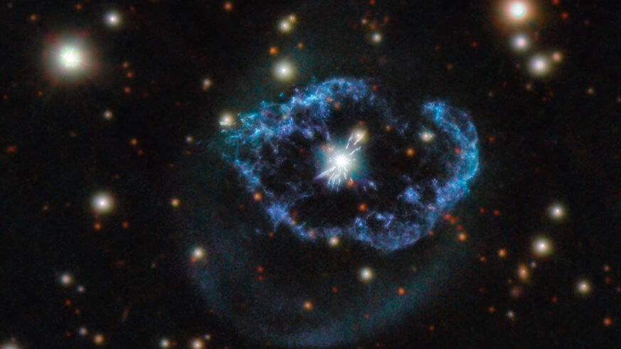 Hubble image of Abell 78, a dying star that cast of its outer layers to form a planetary nebula. It underwent a late pulse of energy, sending blobs of gas outward at high speeds. Credit: ESA/Hubble & NASA, M. Guerrero. Acknowledgement: Judy Schmidt