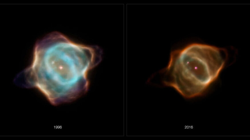 Henize 3-1357, aka the Stingray Nebula, seen in 1996 and 2006 by Hubble, has changed significantly over that time, fading in many places. Credit: NASA, ESA, B. Balick (University of Washington), M. Guerrero (Instituto de Astrofísica de Andalucía), and G