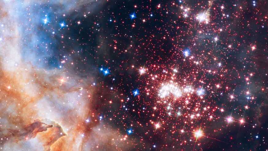 A Hubble of the huge star cluster Westerlund 2 reveals tens of thousands of stars, as well as gas and dust from which they form. Credit: NASA, ESA, the Hubble Heritage Team (STScI/AURA), A. Nota (ESA/STScI), and the Westerlund 2 Science Team
