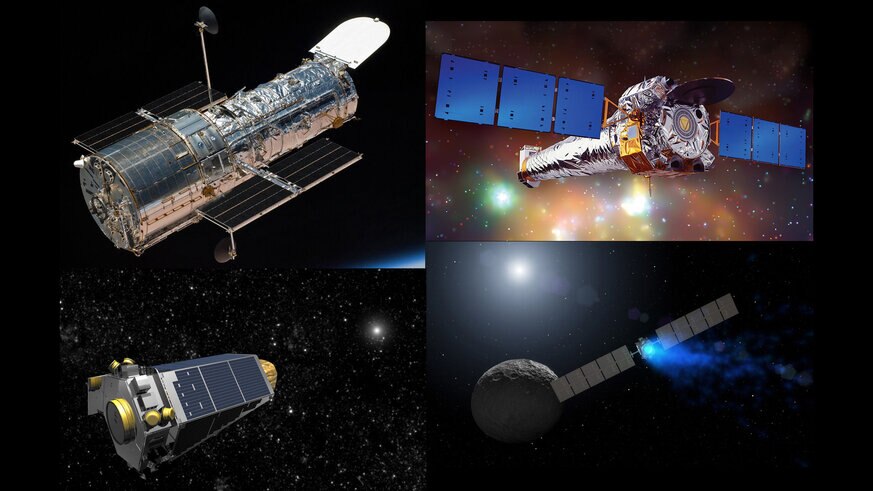 Four great space missions: Hubble (top left), Chandra (top right), Kepler (bottom left), and Dawn (bottom right). Credit (respectively): NASA, NASA/CXC/NGST, NASA, NASA/JPL-Caltech