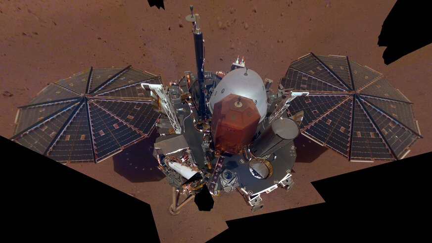 A “selfie” of the Mars InSight lander, using 11 images taken by a camera mounted on a mobile robotic arm. Credit: NASA/JPL-Caltech 