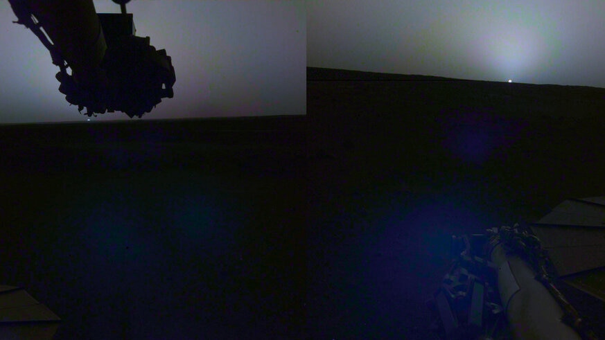 Sunrise (left) and sunset (right) on Mars from the viewpoint of Mars InSight, taken on April 24/25, 2019. Credit: NASA/JPL-Caltech