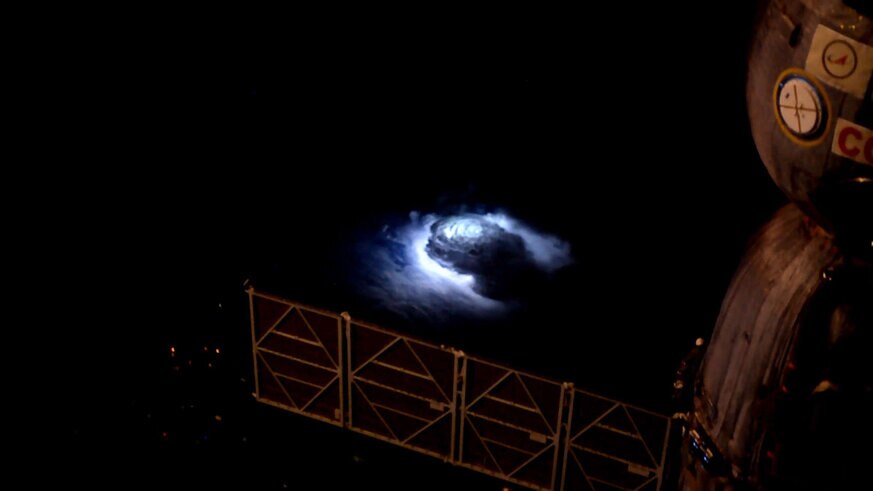 A thunderstorm seen from the International Space Station, lit internally by lightning. Credit: DTU Space / ESA / NASA