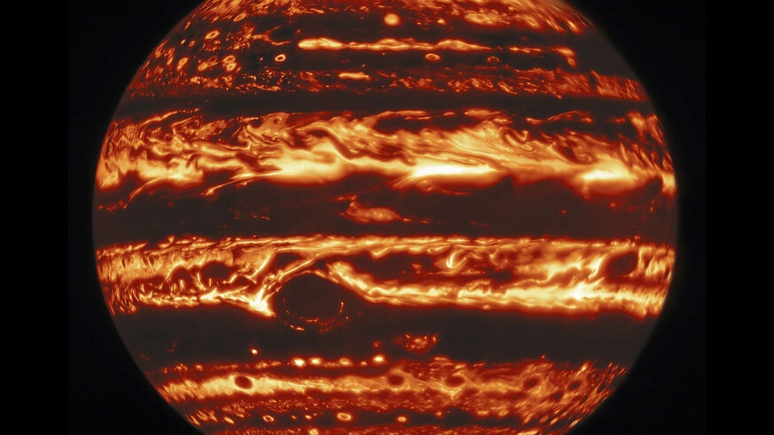 Jupiter in infrared by the Gemini Observatory, showing warmer areas as brighter and cooler darker. Credit: International Gemini Observatory/NOIRLab/NSF/AURA, M.H. Wong (UC Berkeley) et al. Acknowledgments: M. Zamani