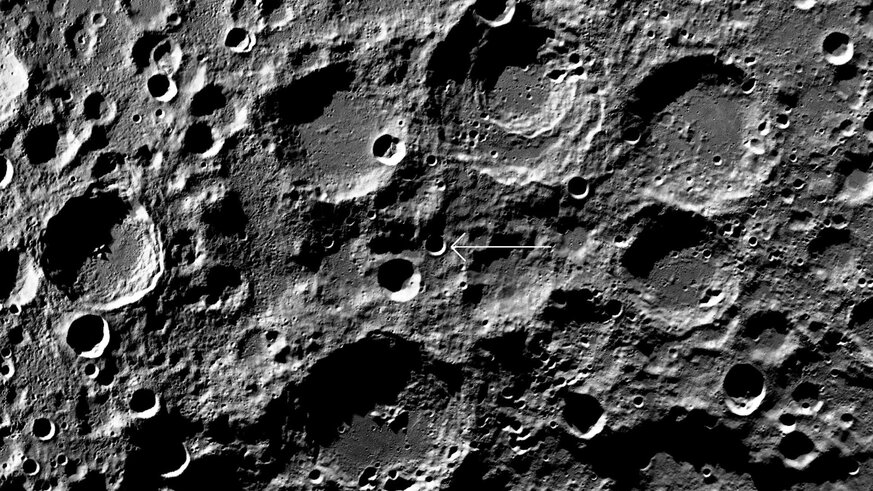 A map of the region near the lunar south pole shows the crater Boguslawsky E (arrowed). Credit: NASA/ /ASU/LRO