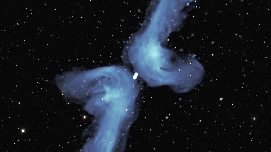 Radio image of the galaxy PGC 064440 shows it had jets of matter streaming away from it (long lines) in the past. Eventually the jets stopped, and the material is flowing back to the galaxy, but then gets pushed away to form the shorter arms of the X.