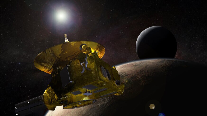Artwork depicting the New Horizons spacecraft flyby of Pluto and Charon.