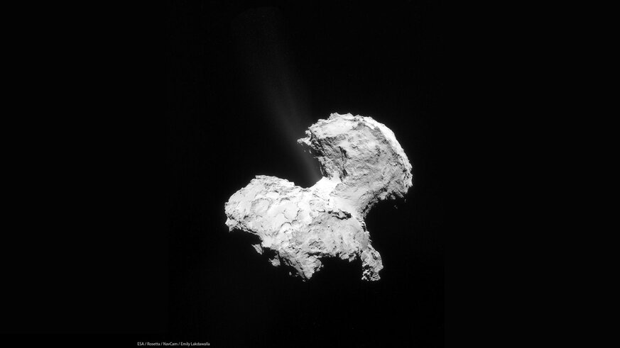 The comet 67/P Churyumov-Gerasimenko seen by the Rosetta spacecraft in September 2014. Note the jet of gas coming from the neck area. Credit: ESA / Rosetta / NavCam / Emily Lakdawalla