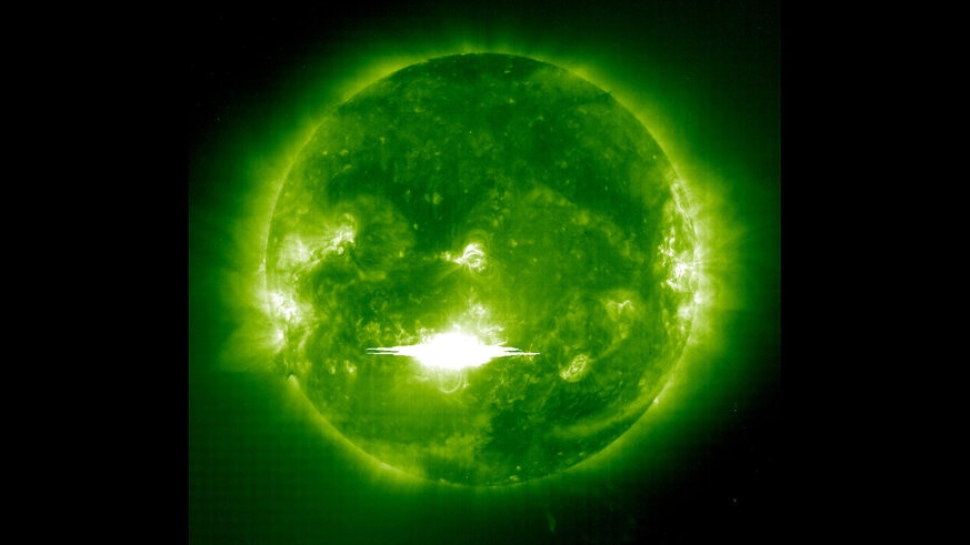 A huge solar flare erupted on the Sun in October 2003, seen here in X-rays. It was also accompanied by a powerful coronal mass ejection. Solar storms like these are a danger to our power grid and orbiting satellites. Credit: NASA/SOHO