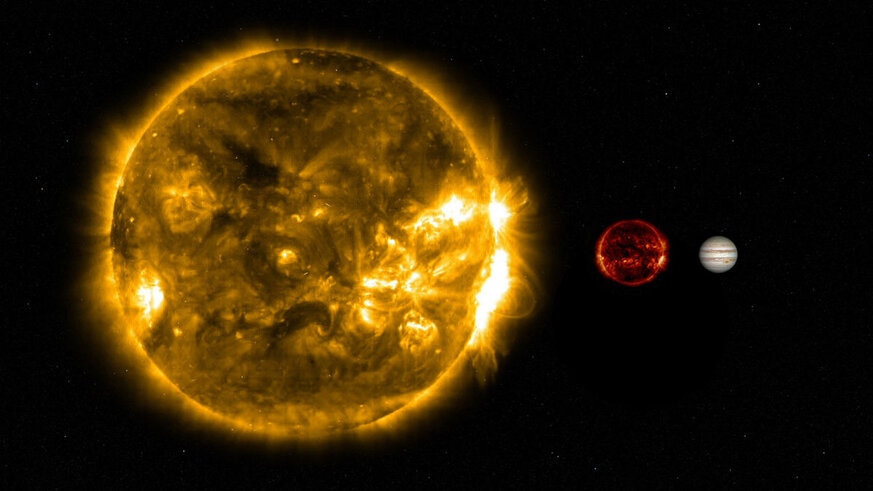 The Sun (left) is six times wider than Wolf 359 (middle, actually an image of the Sun in ultraviolet shrunk to the right scale), which is 60% wider than Jupiter (right).