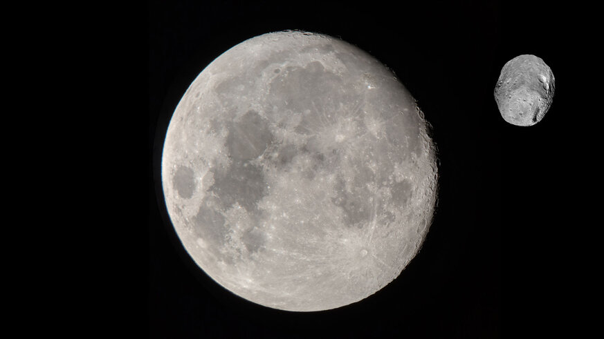 Moons can have moons, but it isn’t easy. Credit: Moon: Phil Plait; Vesta: NASA/JPL-Caltech/UCAL/MPS/DLR/IDA