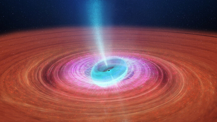 When the spin axis of a black hole is tipped relative to the plane of the material coming in, it drags the material out of that plane as the fabric of spacetime warps around the black hole. Credit: ICRAR